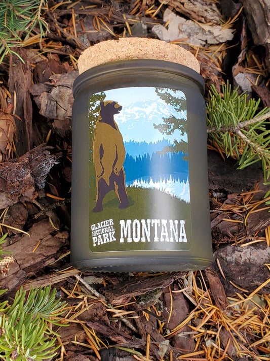 Glacier National Park poster design candle - 12 oz. green glass jar with cork top
