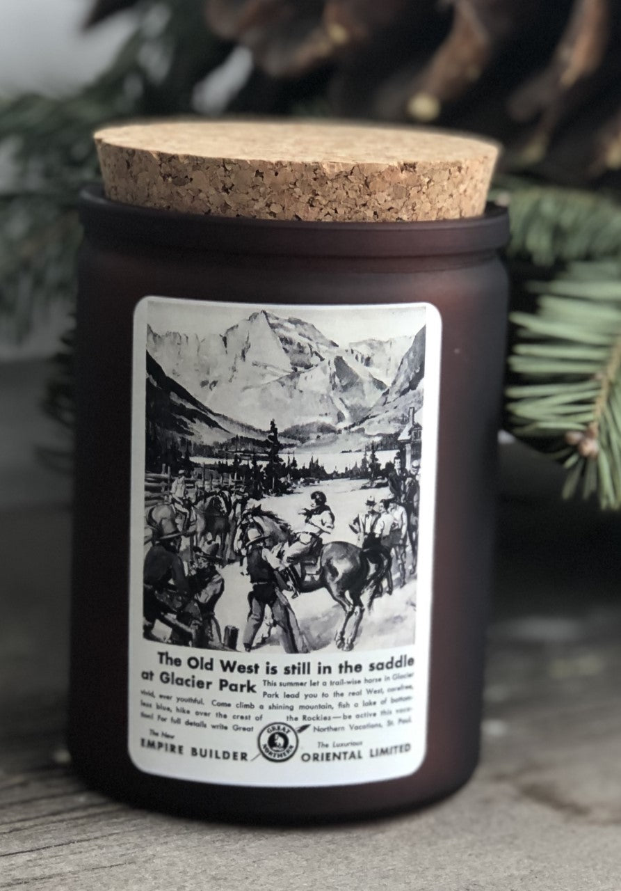 Glacier National Park advertisement candle - 12 oz. amber glass jar with cork top